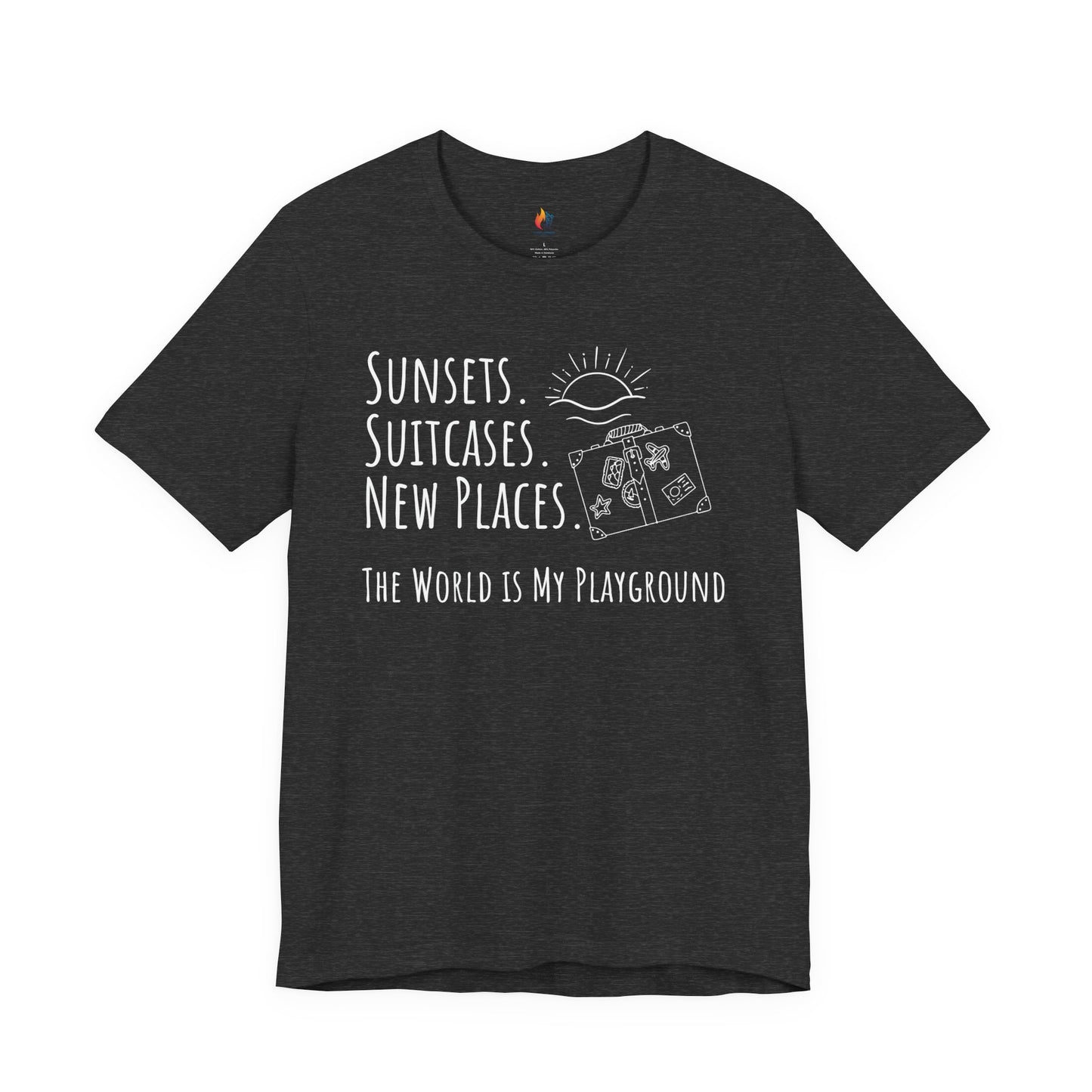 Travel lover T-Shirt - "Sunsets, Suitcases, New Places", Adventure Graphic Tee